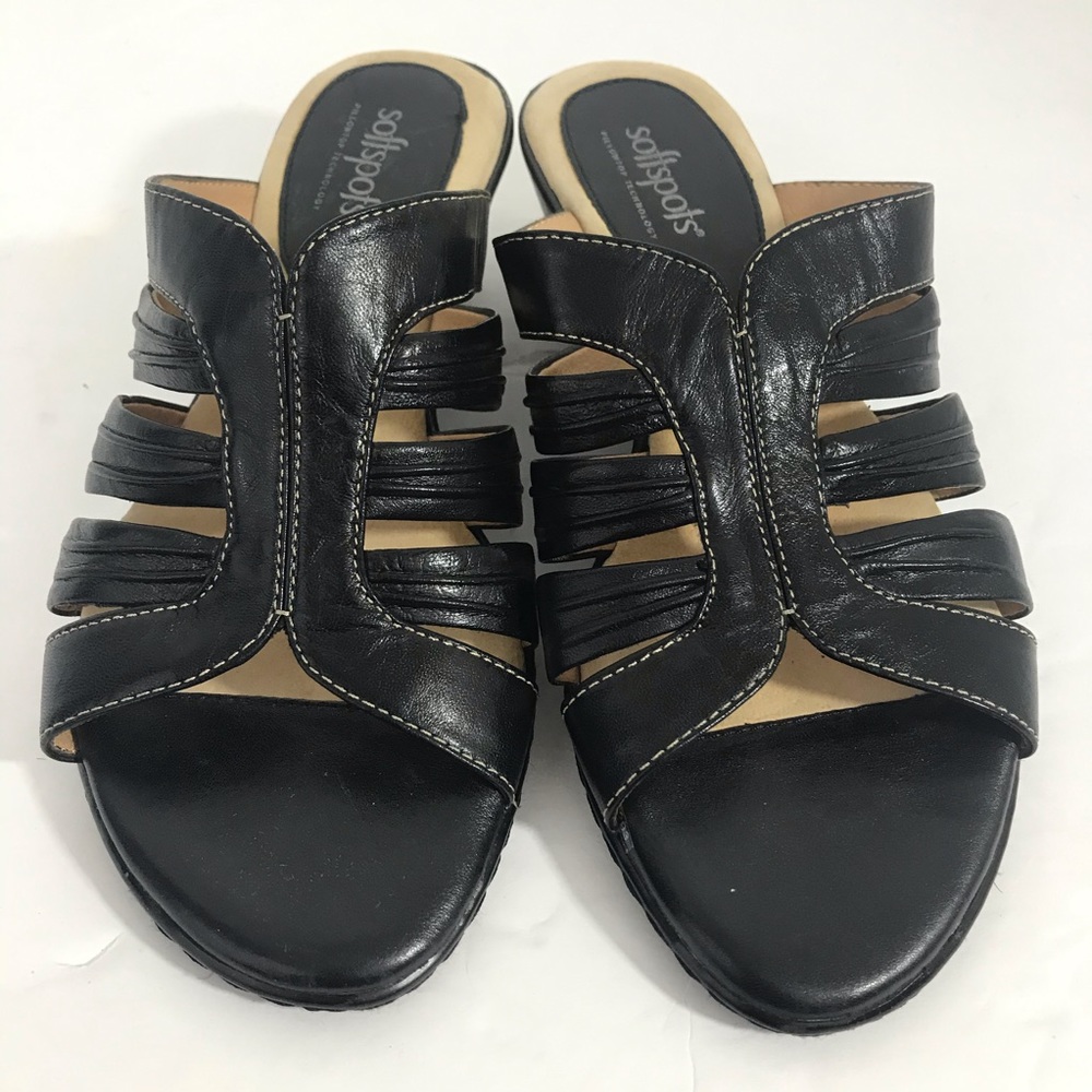 Softspots black leather slip on wedge sandal 7.5